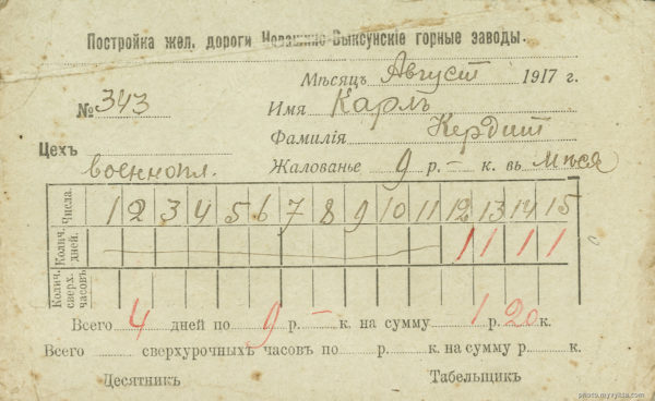 Карточка военнопленного Карл Кердинт. 1917 г. Выкса УЖД